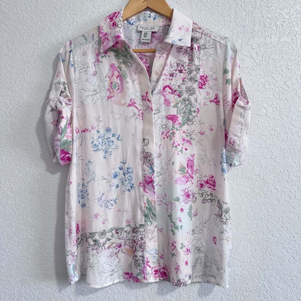 Rachel Zoe Floral Roll-Tab Sleeve Button Down Shirt Size M